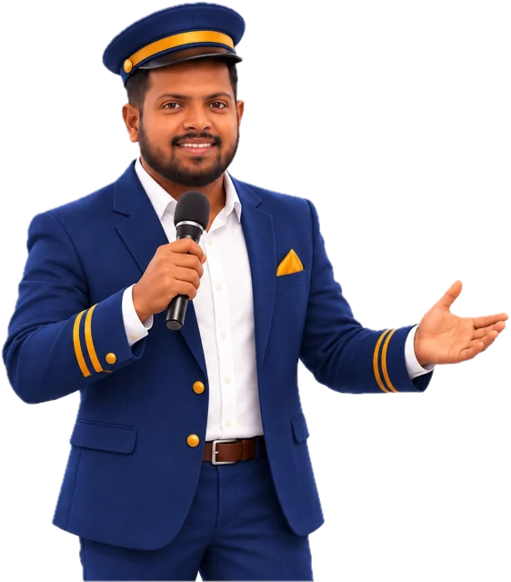 Sri, your emcee, as a train conductor holding a microphone